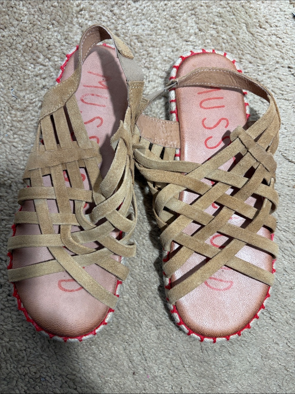Musse & Cloud Tan Woven Suede Sandals with Pink Insole